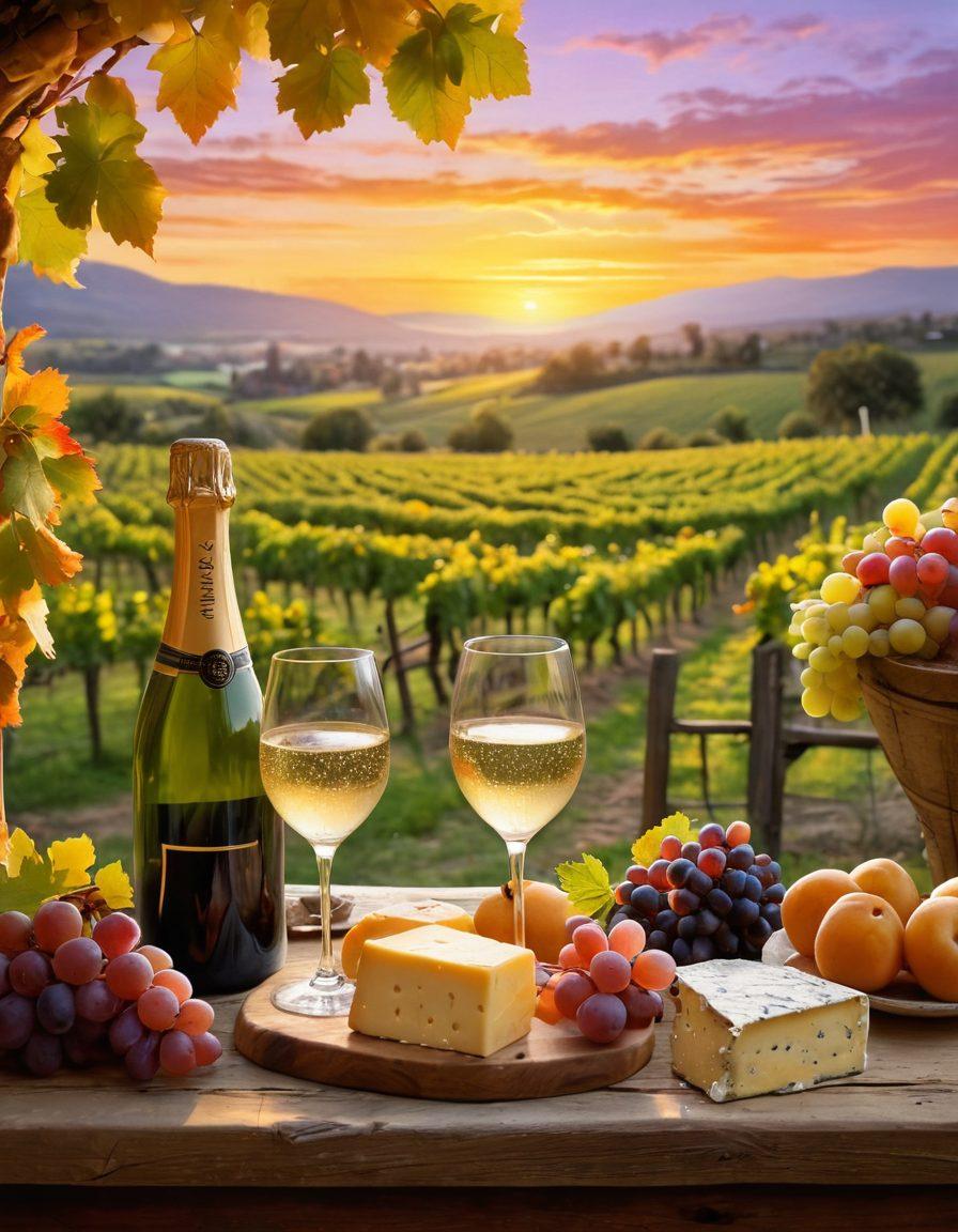 A charming vineyard at sunset, with rows of grapevines laden with ripe grapes, a couple toasting with wine glasses in the foreground, and a rustic wooden table adorned with gourmet cheeses and fruits nearby. Soft golden light bathes the scene, enhancing the festive atmosphere. Bubbles from a champagne bottle foaming over adds a playful touch. A dreamy sky with hints of pink and orange colors in the background completes the joyful ambiance. super-realistic. vibrant colors. painting.