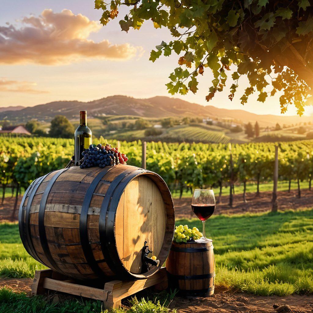 A picturesque vineyard at sunset, with rows of lush grapevines and a rustic wooden wine barrel in the foreground. A vintage film camera and a glass of red wine sit atop the barrel, capturing the essence of joy and celebration. Soft golden light bathes the scene, highlighting the beauty of nature and the art of winemaking. Add whimsical, flowing text that says 'Cheers!' above the vineyard. vibrant colors. super-realistic.