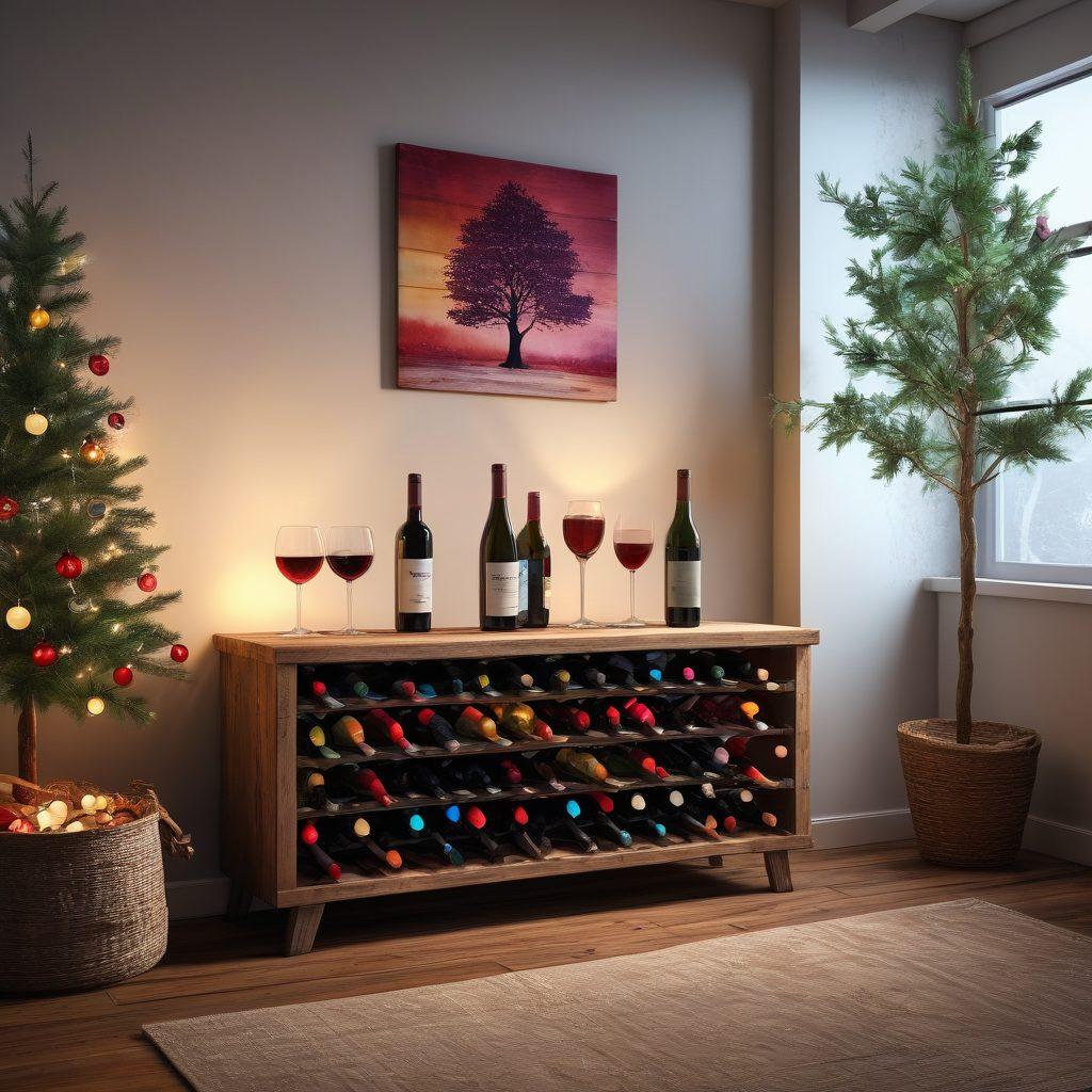 A cozy living room scene with a stylish wine rack filled with colorful bottles, a glass of red wine sitting on a rustic wooden table, and a large screen displaying a fun, vibrant streaming interface. Subtle festive decorations like fairy lights and a small festive tree add a joyful touch, creating an inviting atmosphere for relaxation and entertainment. super-realistic. vibrant colors. warm lighting.